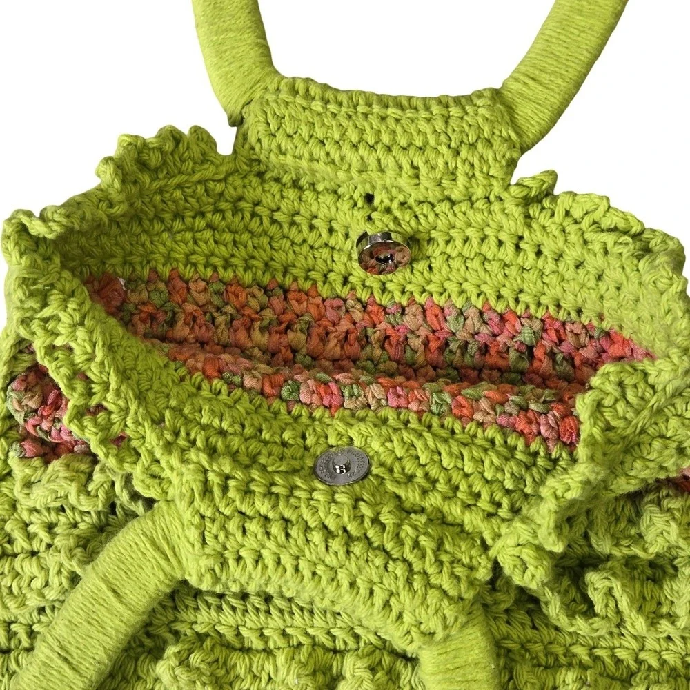 Handmade Crochet Ruffle Handbag Lime Green Pink Orange Boho Tote Bag Y2K style